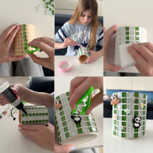 DIY tvoření stojánku na tužky s mozaikou a pandami – ukázka celého procesu